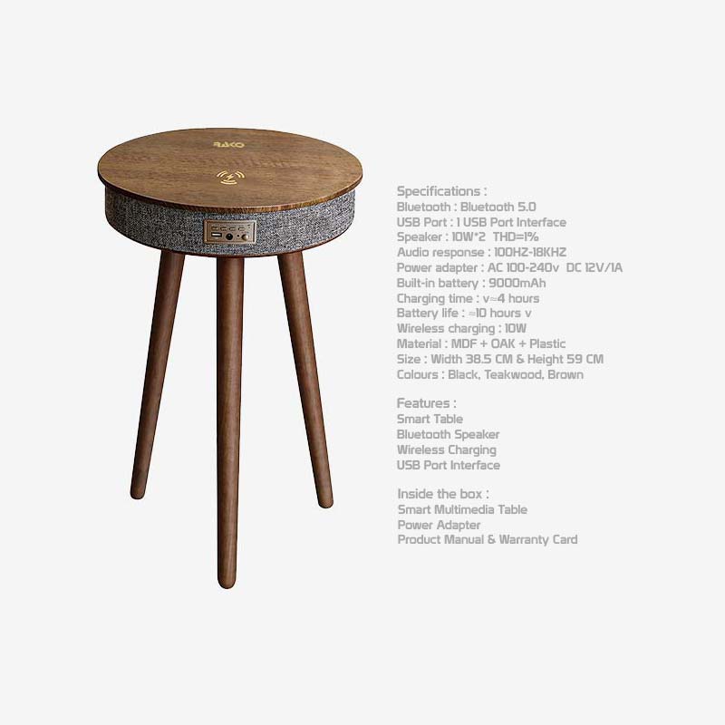 Rako Smart Multimedia Table with Speaker and Wireless Charger 9000MAh. Rako Smart Multimedia Table with Speaker and Wireless Charger 9000MAh.